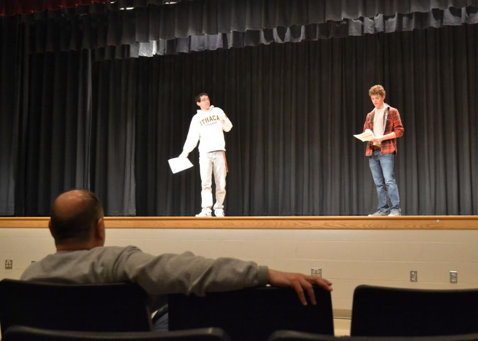 Senior Freddie Pim (right) reads with senior Stage Manager Dan St. Germain during his audition on March 13.