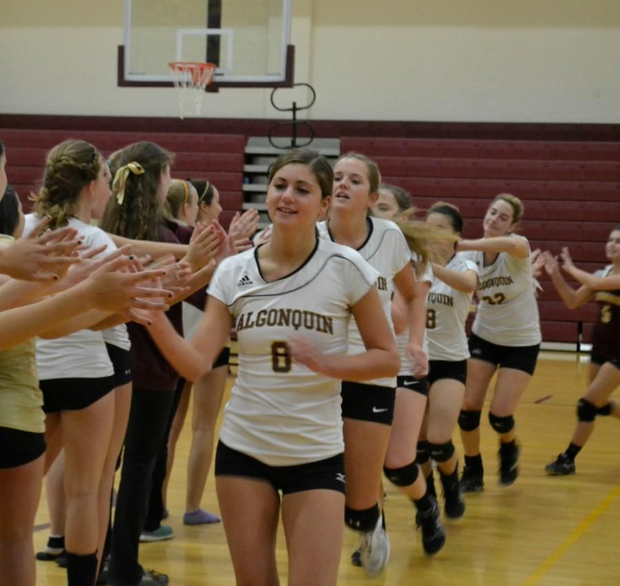 Senior Carly Sotir and the rest of the team high-five Shepherd Hill players after a recent match. 