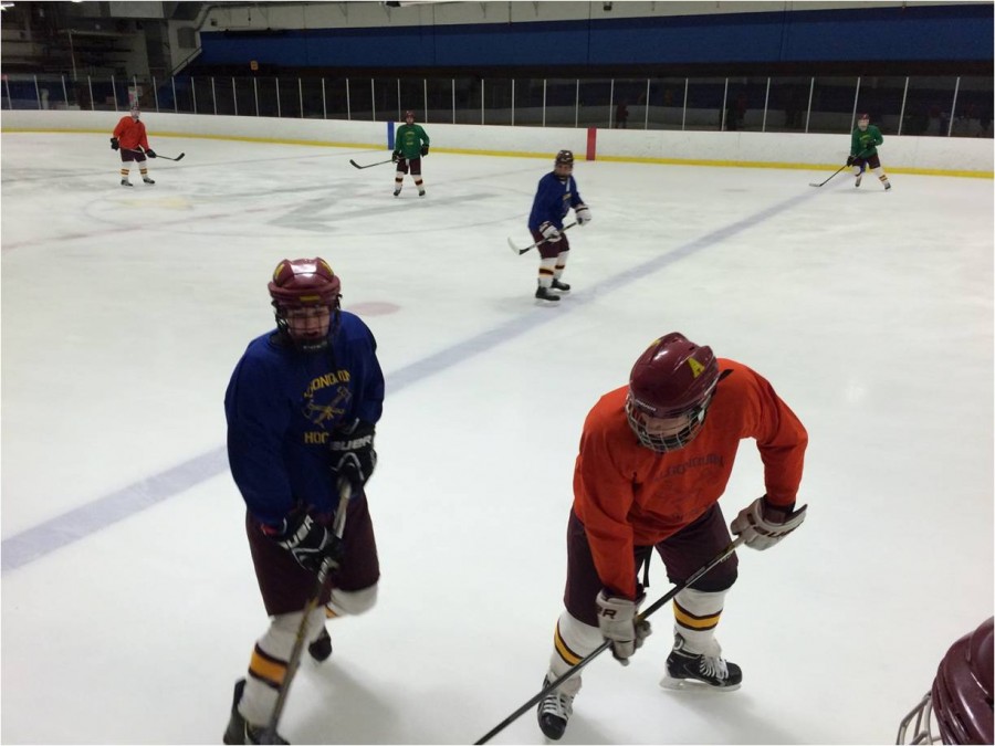 Fellow senior captains (from left to right Brian Ward and Paul Luongo) fight for control of the puck during a drill. 