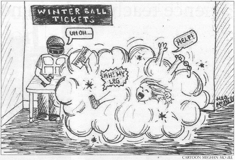 An editorial cartoon from the December 2006 issue of the Harbinger depicts the popularity of Winter Ball when tickets often sold out for the dance. Comparatively, last year, few tickets were sold. This year, the Student Council decided not to hold the event due to past low interest. 