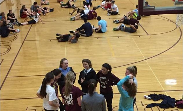 During a long, hard track practice sophomores Olivia Giles, Leah Lidsky, Jenn O’Sullivan, Rebecca Poretsky and Emily Hong are alongside juniors Mackenzie Smith and Kelly Morin. They are preparing for the final part of the workout led by senior captain, Kaitlyn Shreeve.
