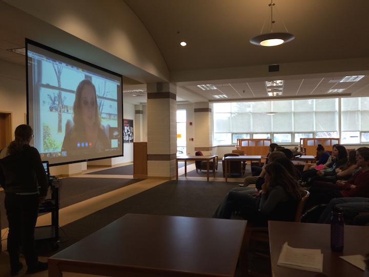 English and creative writing students Skype with young adult author Victoria Scott about being a writer and her upcoming books on March 8 in the library. 