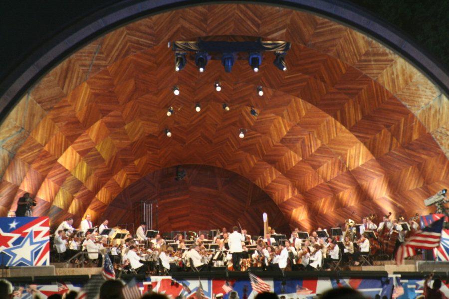 The Hatch Shell in Boston's Back Bay has been the venue for many performances including the Boston Pops Orchestra. 