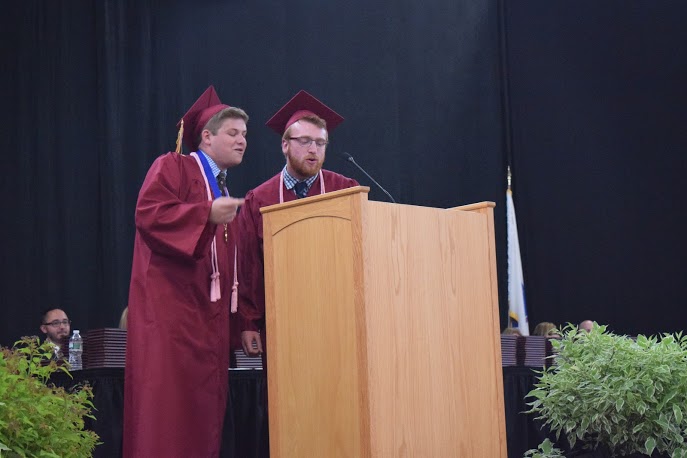 At the end of his commencement speech comparing the graduating class to Netflix, Danny Fier was joined by Henry Fournier in singing the theme song from the 90s television series Friends.