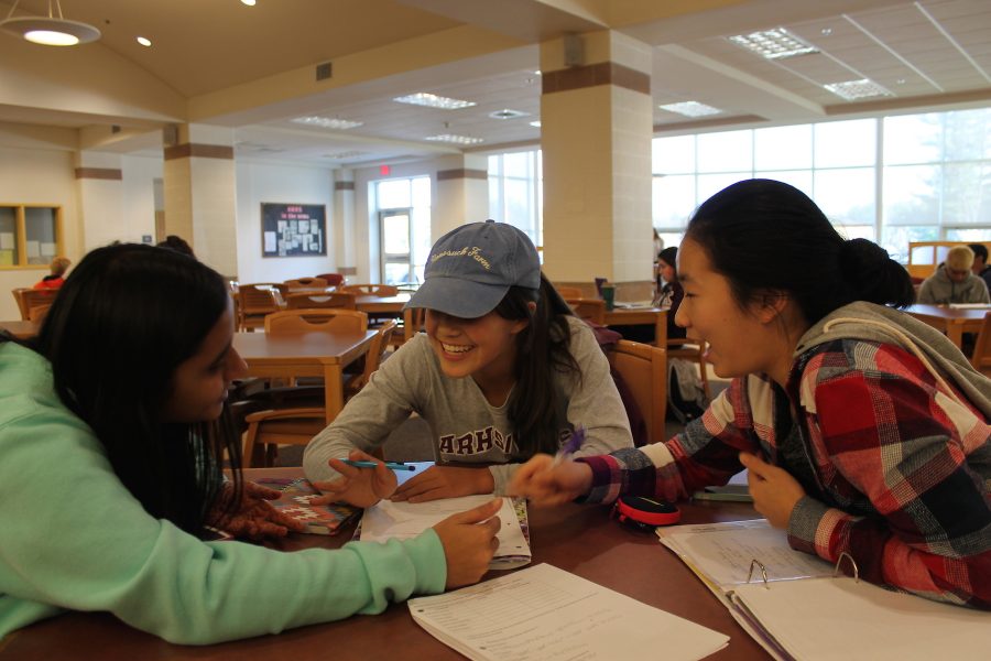 Sophomores+Eesha+Verma%2C+Annemarie+Wood%2C+and+Nellie+Zhang+converse+and+collaborate+in+the+library+after+school.+