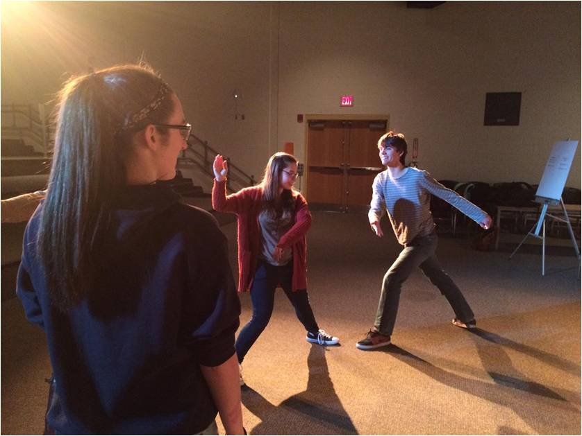 Along with acting practice, Advanced Drama likes to have a little fun. Seniors Margo Boland, Corey Champion, and Sariah Roberts stand as the last three left in a game of ninja.