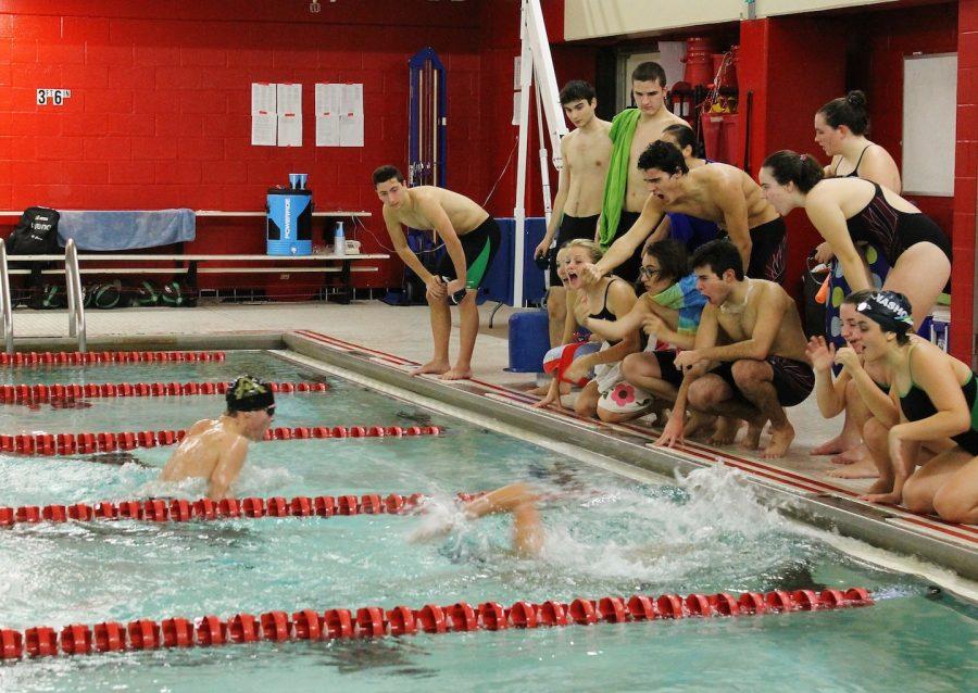Teammates cheer on sophomore Ray Cerro during the 200 IM event against Nashoba. 