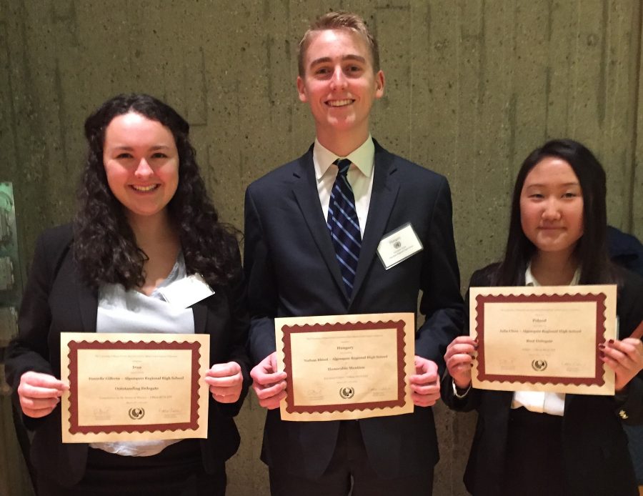 Senior Danielle Gillerin, sophomore Nathan Rhind, and junior Julia Chun won awards for their collaboration and debate skills during the Model UN conference at UMass on March 12.