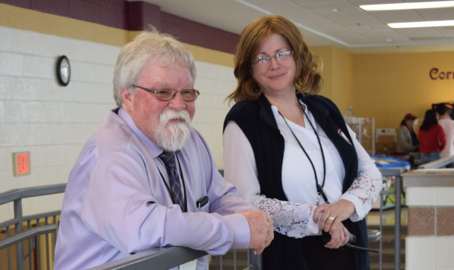 Assistant principals Mel Laughton and Michele Tontodonato laugh while monitoring the cafeteria. After sailing out of ARHS, Laughton plans to build a boat from scratch.