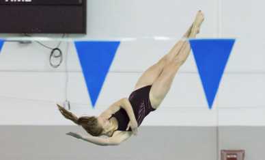 Freshman Lizzie Meschisen twisting in the air at a meet against Worcester on January 27, 2017.
