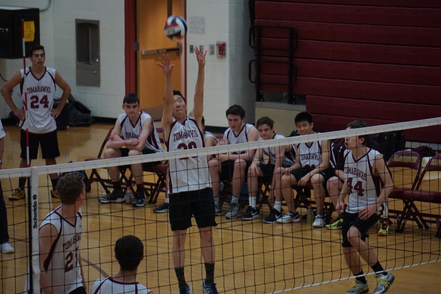 Junior Alex Chen sets the ball, helping his fellow team mates get ready to continue the play.