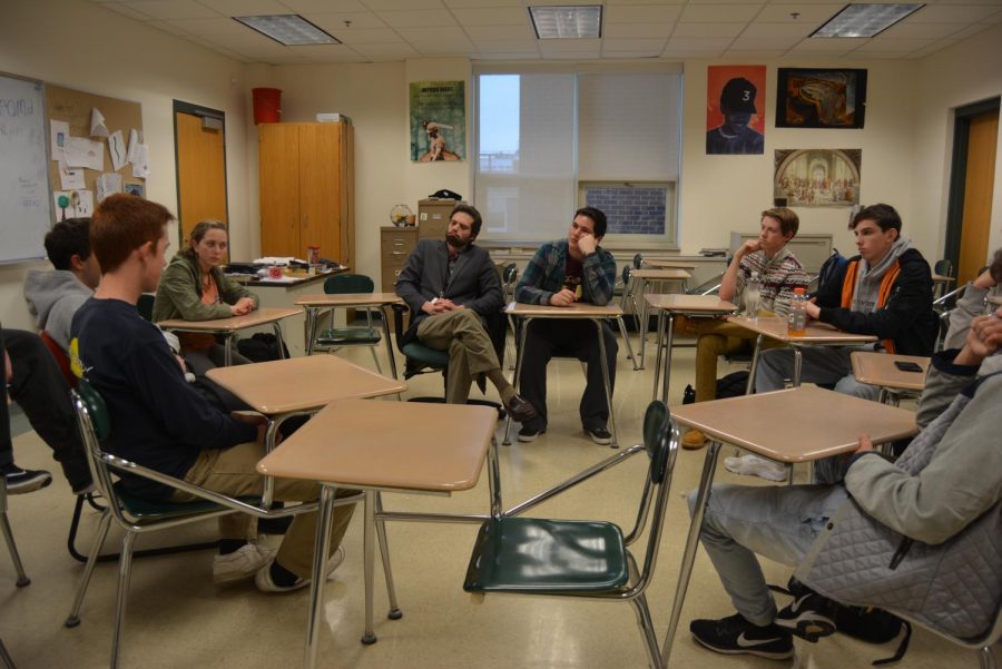 World language teacher and Philosophy Club advisor Phil Levine ponders topics discussed at a club meeting.