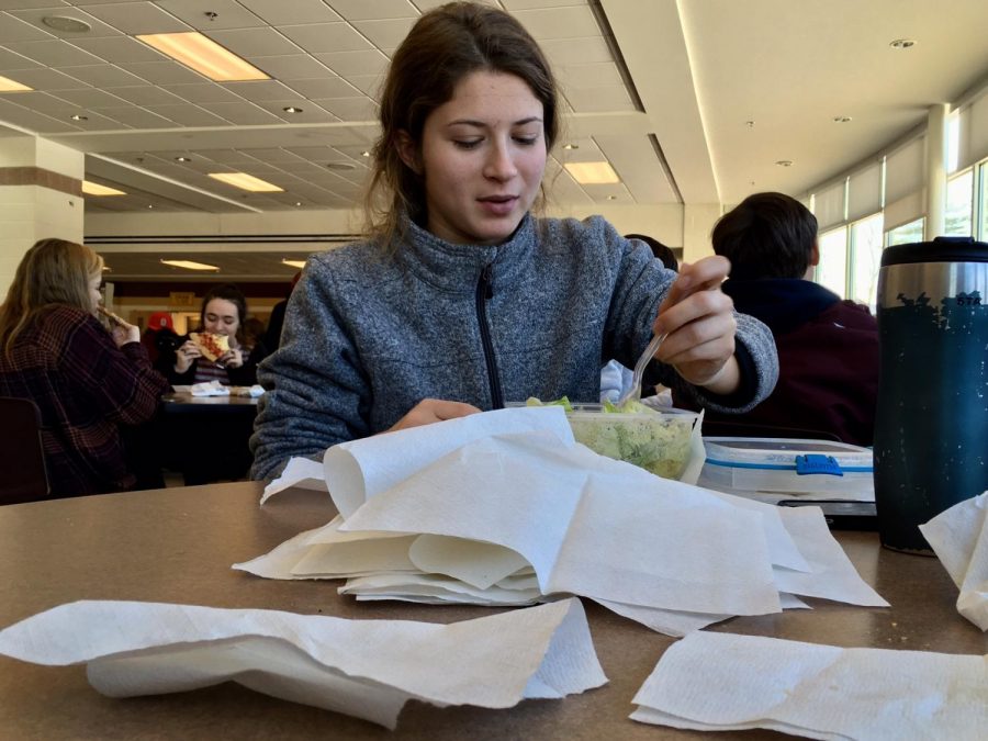 Senior Sydney Carney sits down at the cafeteria surrounded by the result of her daily gathering of napkins to accompany her lunch. According to munchies.com in “Paper Napkins Are Dying a Slow Death Thanks to Millennials,” paper napkins, including those made of recycled material, are a burden on the environment, causing 70% more carbon emissions than alternatives.