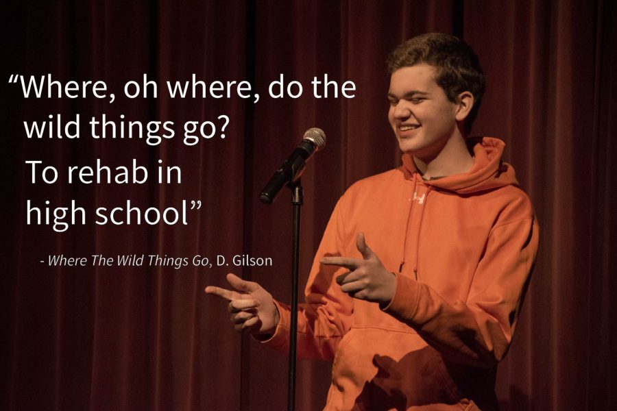 Earning laughs from the audience in the second round, sophomore Grant Perkins, recites Where the Wild Things Go by D. Gilson.