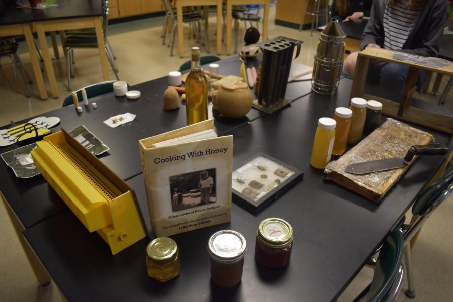 Bee-keeping related items such as honey and recipe books are often used during meetings after school most Tuesdays in D216. 