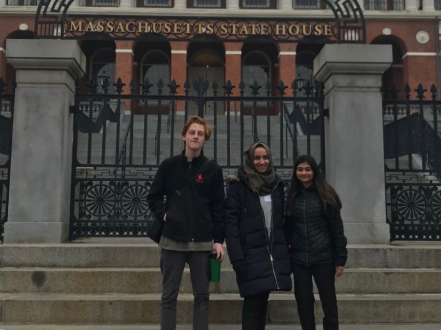 Juniors Rianna Mukherjee, Joe Gordon, and Mariam Ibrahimi traveled to the Massachusetts State House on April 3 to lobby for a Civic Engagement Bill.