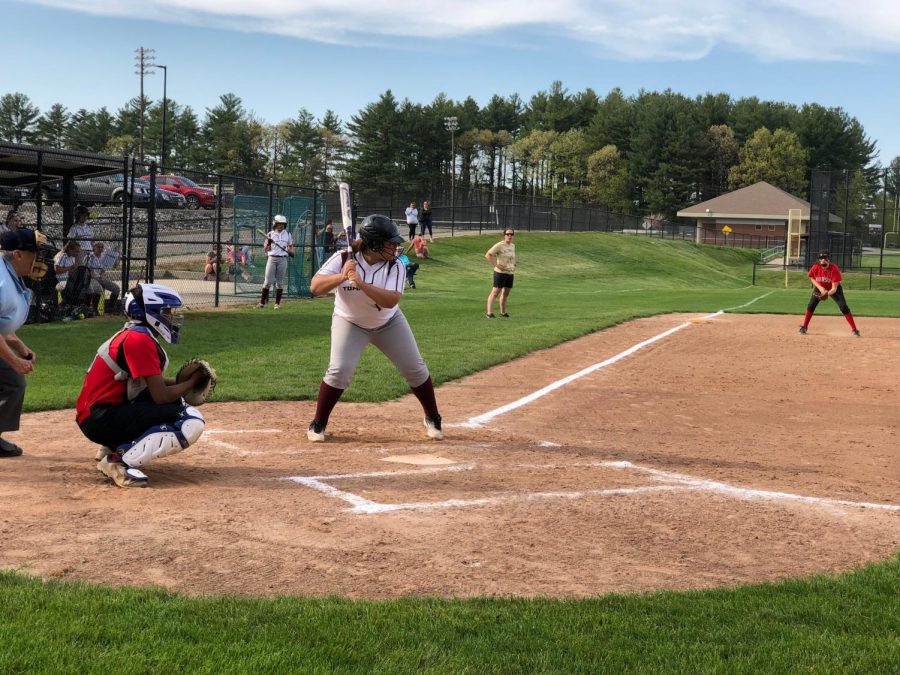 Sophomore Victoria Smallwood prepares to hit the ball at home base. 