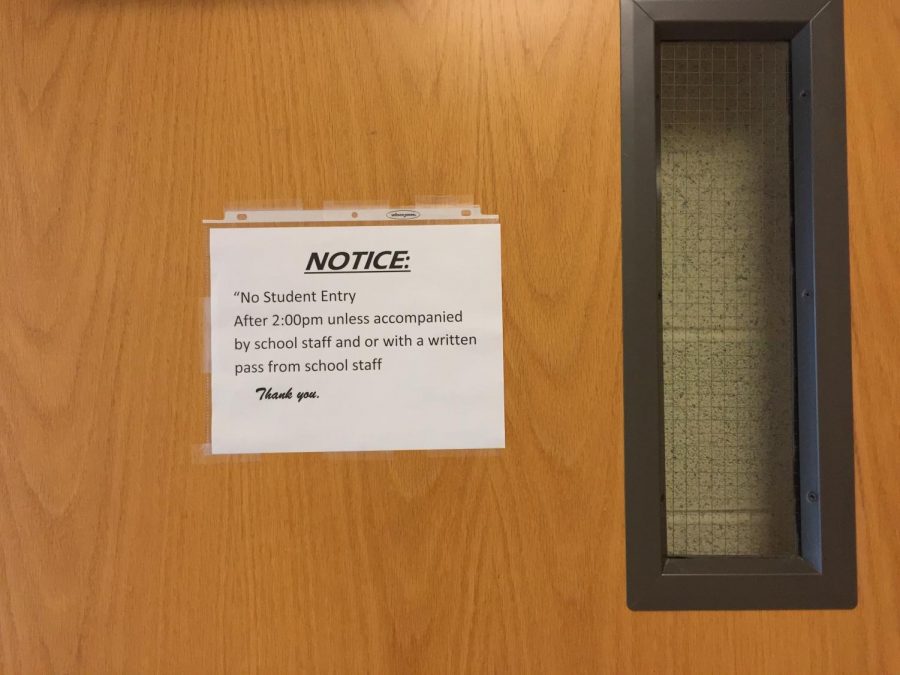 The administration left signs on doors throughout the hallway concerning after school hallway activity.