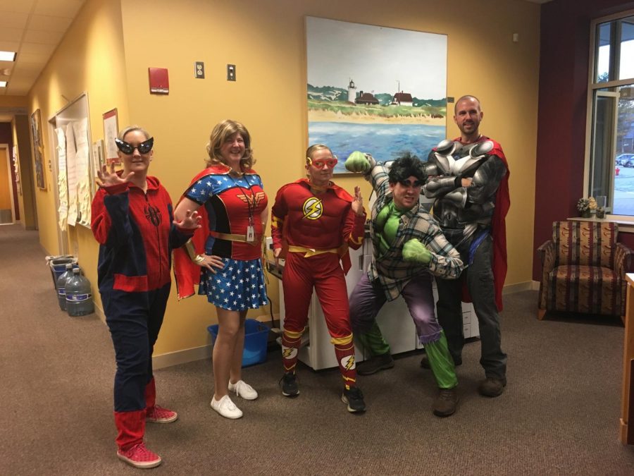 [From left to right] Special education administrator for programs and services Andrea Cameron,  Tontodonato, Walsh and assistant principals Tim McDonald and Andrew McGowan, come together to fight crime throughout the school day in their superhero costumes. 