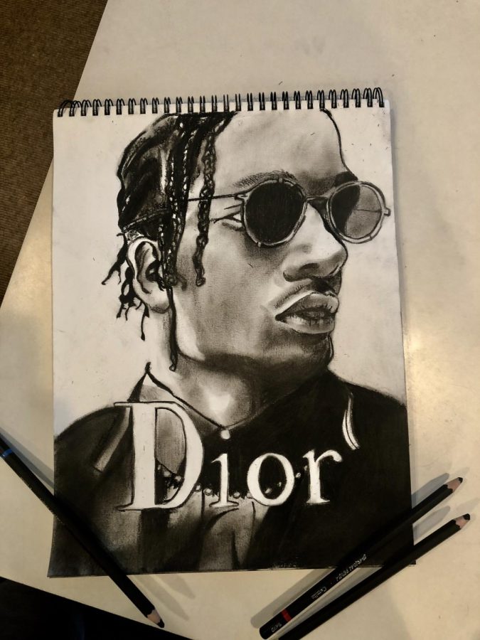 Senior Shree Sane channels artistic talents through a charcoal drawing of A$AP Rocky.