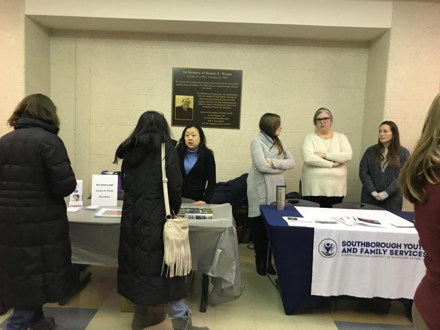 Local organization Southborough Youth and Family Services set up a booth outside of the auditorium where they informed parents of their available services, including addiction support and counseling free of charge for residents of Northborough and Southborough.