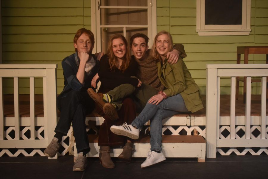 The cast of Proof, [left to right] seniors Joe Gordon, Annalise Loizeaux, Nick Hatton and Katherine Moffa pose on set after rehearsal for the play which will debut on Thursday, February 27 in the Black Box.