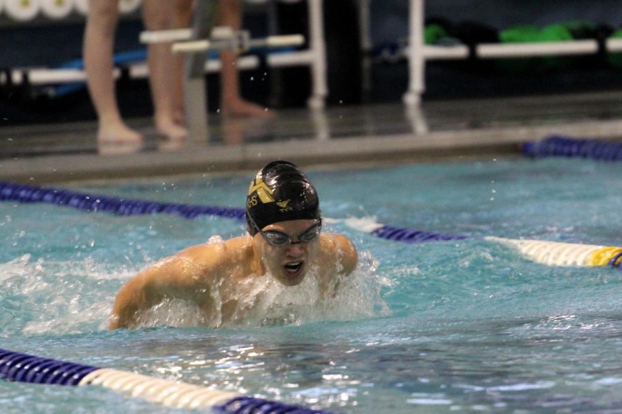Boys swim team member Will Saulnier competes at Wachusett. The boys team wins with a score of 95 to 66. 