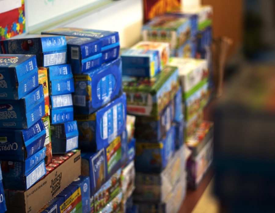 Juice boxes fill history teacher Nate Uttaros room.  Uttaro gave students an extension if they brought in 100 packs of juice.  