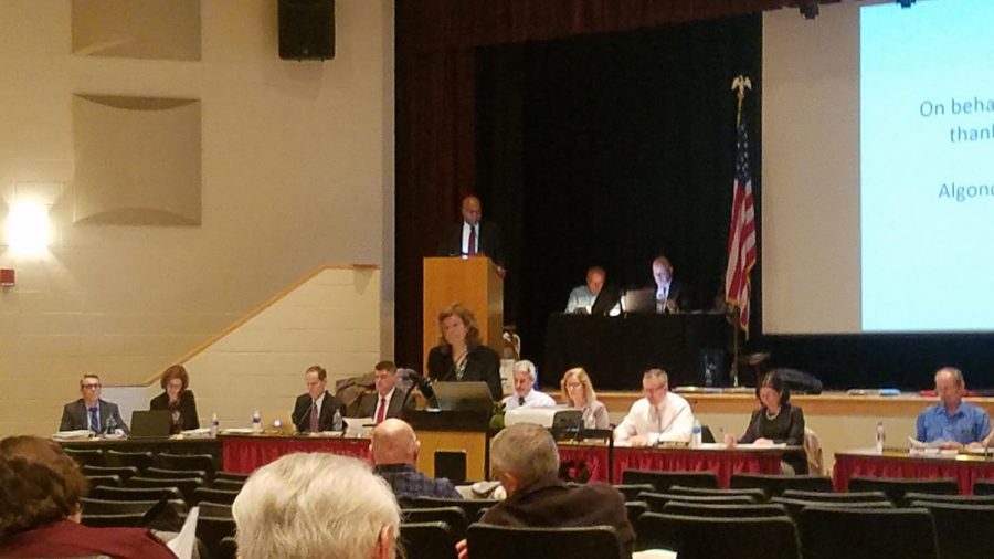 Superintendent Christine Johnson addresses the attendants at Northboroughs Annual Town Meeting on April 22.