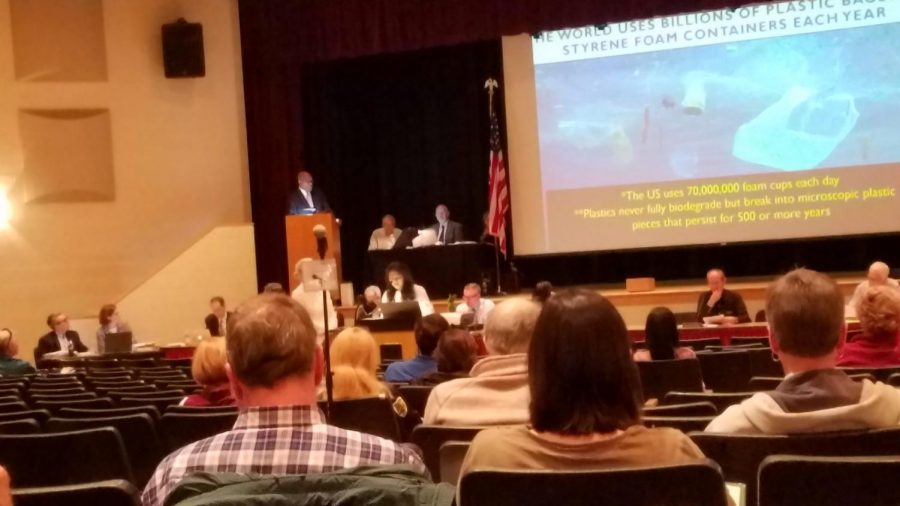 Sophomore Sravya Tanikella gives a presentation on plastic bags and polystyrene at the Northborough Annual Town Meeting on April 23. The bylaws she helped propose passed with overwhelming support.