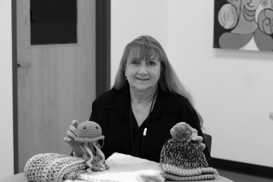 Special education aide Joan Buzzell: crocheting