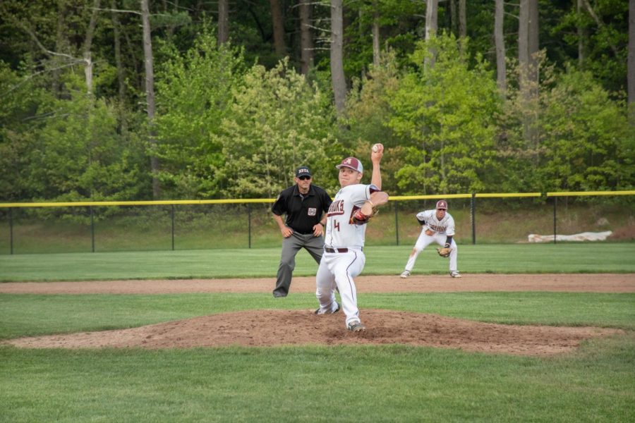 Sophomore Sam Hill delivers a pitch against Shrewsbury. The team suffered a 12-3 loss to Shrewsbury on May 20. 