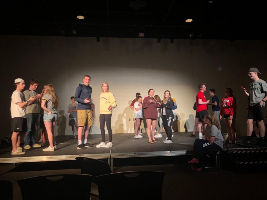 The cast of Need Improvement practices for their show Seasonal Allergies. The show will be performed on May 16 and May 17 in the Black Box Theater.
