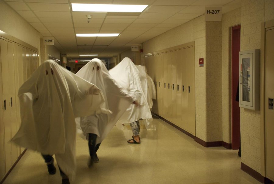 The English department dressed as ghosts for Halloween and in between classes roomed the hallways.