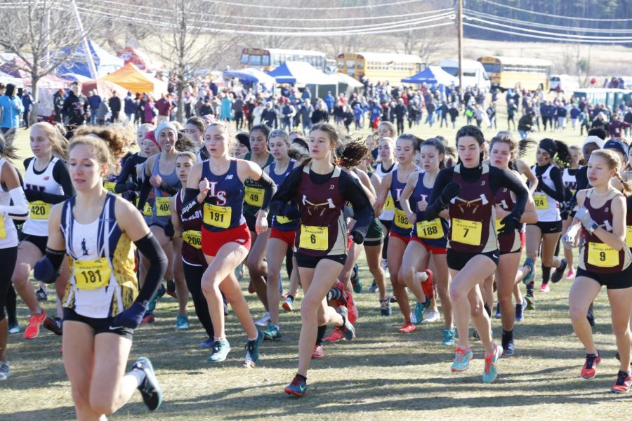 Girls+cross+country+at+the+start+of+their+state+meet+at+Gardner+Municipal+Golf+Course+on+Nov.+16.+Both+the+boys+and+girls+teams+raced+at+the+state+meet+with+the+boys+finishing+seventh.++