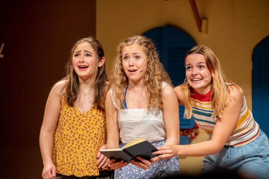 [From left to right] Lisa (sophomore Mari Fellenbaum), Sophie Sheridan (sophomore Sarah Boush) and Ali (junior Sonja Mott) read Donnas diary as a part of the song Honey, Honey.