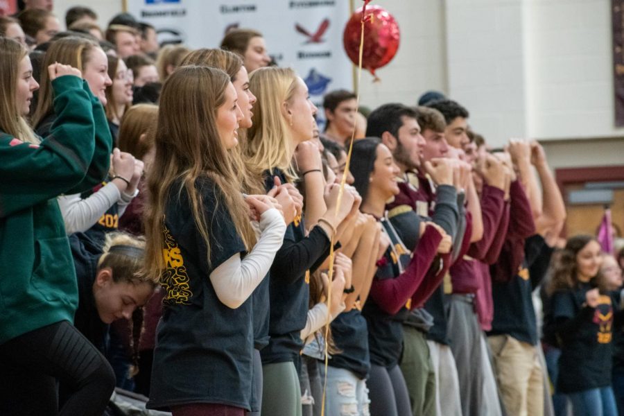 Seniors stand in their spots at the Thanksgiving pep rally. This in addition to an A formation will start the lip dub that student council is planning for this school year.