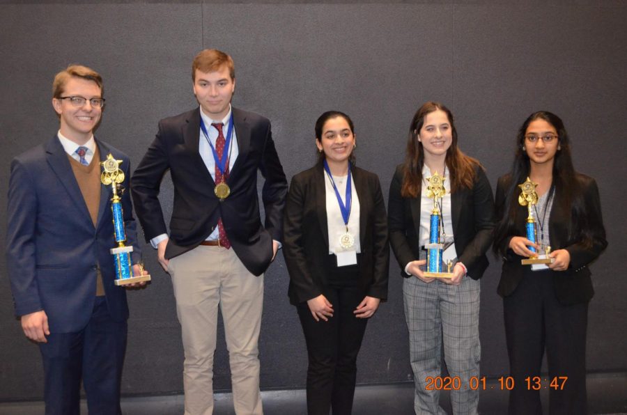 [From left to right] juniors Josh Gauthier, Robert Scharpf, Rhea Sathnur, senior Meredith Lapidas and sophomore Rama Balagurunath were the top five finishers for the Entrepreneurship Individual Series and all moved onto States. Overall Algonquin had 91 people move onto States. 