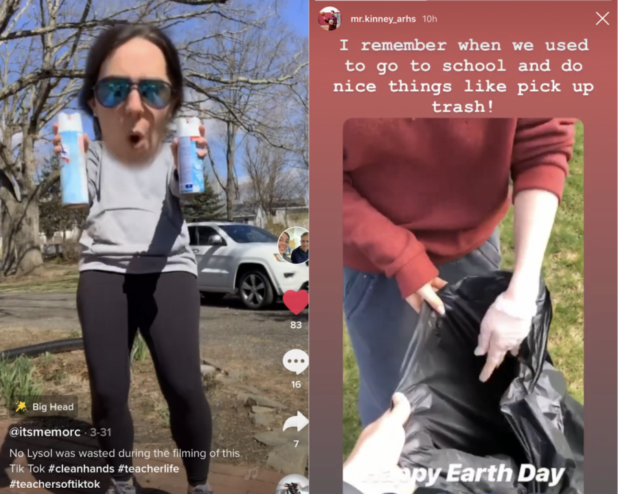 [From left to right] Physical education teacher Kristen Morcone does a trending TikTok dance to make her students laugh. Physical education teacher Andrew Kinney posts a throwback video on his Instagram story for Earth Day.