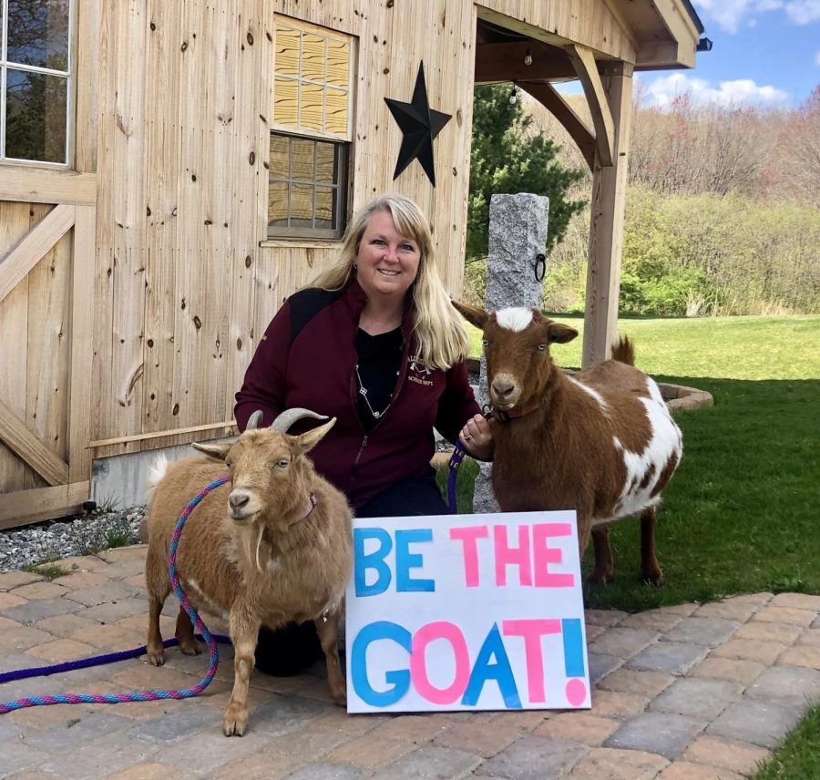 Science teacher Susan Vaughan poses with her goats, Billy, a red and white goat with no horns, and Lily, a brown goat with horns, in front of her barn. “Whatever you do, do it well,” Vaughan said in her email as a message to students. “Make sure it’s something you can be proud of.  Appreciate the opportunities you have at Algonquin, you’re very lucky to be there! Never smoke anything. Never leave fingerprints or DNA, unless you’re the victim, in which case, leave as much as you can! Be bold. Be true to yourself. Be the GOAT!”
