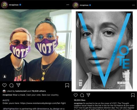 National Women’s Soccer League star Megan Rapinoe posted a picture with her Vote mask on, and her cover photo in V27 magazine, urging her supporters to go out and vote. 