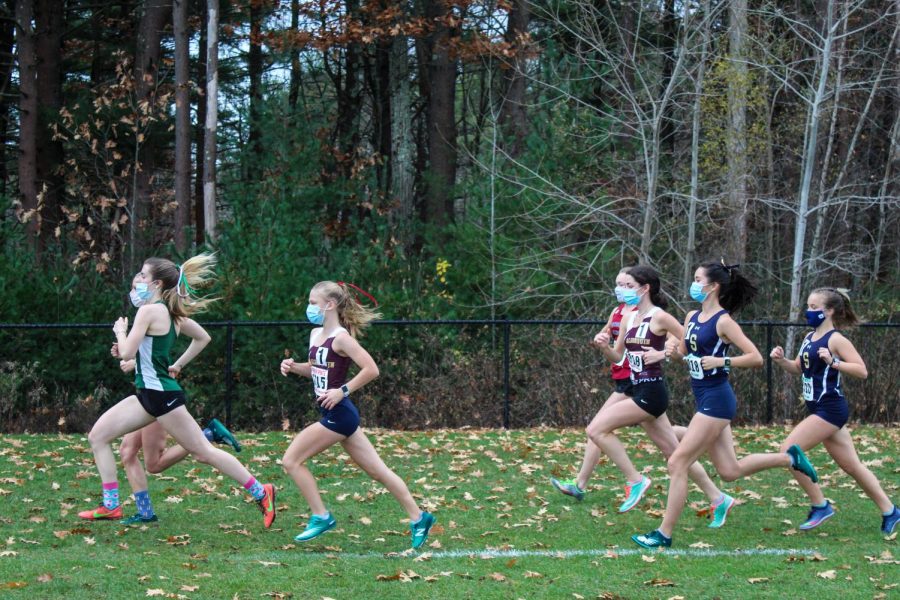Sophomore Ada Gebauer and senior Anna Long run in the first and fastest wave of the pod 8 meet on November 11.