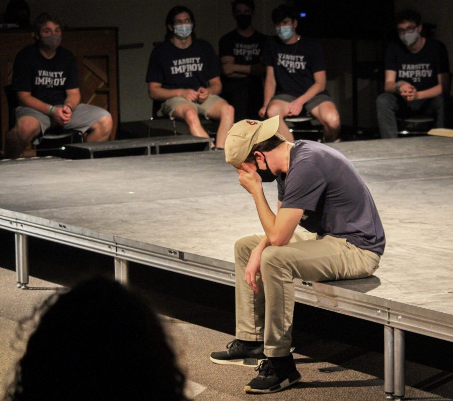 Senior Jake Clancy acts upset during a skit where he found out his best friend wasnt going to be roommates with him in college.