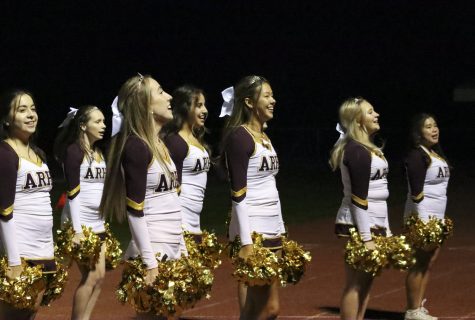 Seniors Kristina Callahan, and Lindsey Stone cheer with the rest of the cheerleaders during the football game on Oct. 22. 