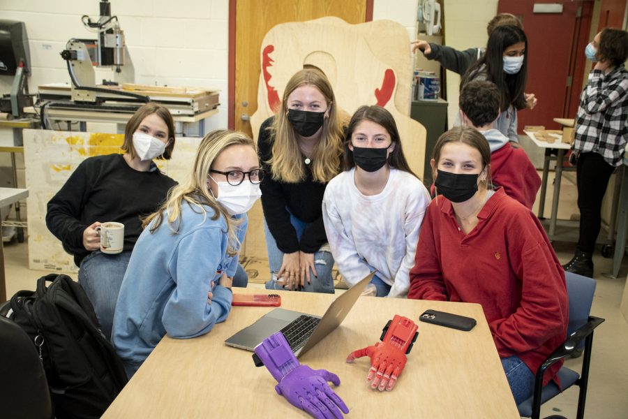 The Printing for Prosthetics Club met on Nov. 3, 2021. Pictured (left to right) are seniors Lilly Mitchell, Hayley Norton, Grace Morin, Caroline Kelly and junior Jula Utzschneider.