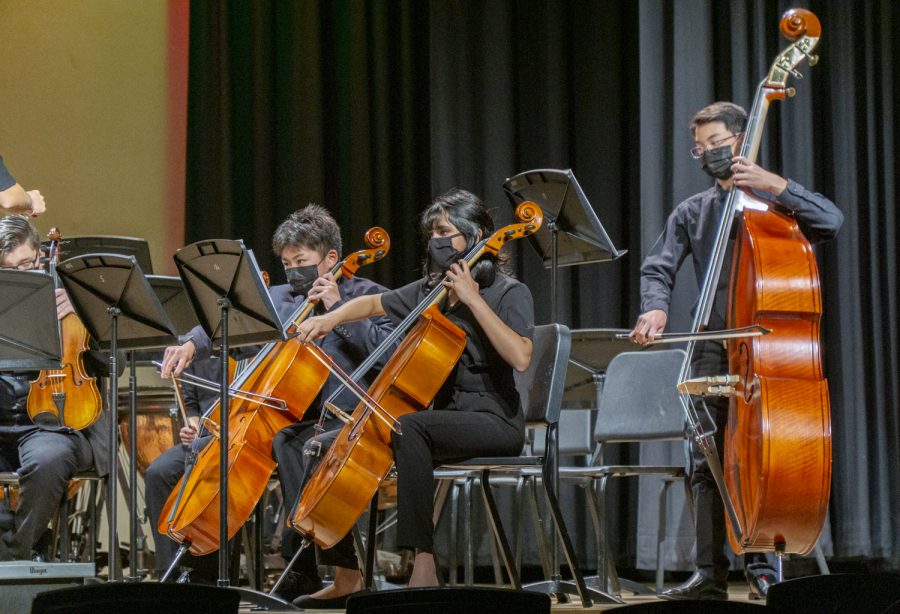 Freshman Alex Qi and sophomore Aditi Kaushik play the cello while sophomore Elliott Yee plays the string bass in the String Orchestra during the Fall Instrumental Concert on Thursday, Nov. 4.