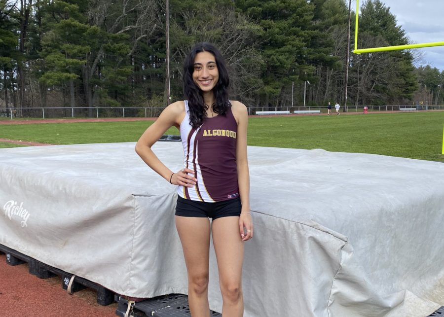 Senior+Priscilla+de+Carvalho+earned+the+first+place+title+in+high+jump+at+the+Division+2+Massachusetts+State+Championships+on+Feb.+20%2C+2022.