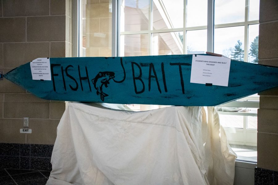 Two wooden boats made by wood tech classes have been put on display in the rotunda. They will be tested at Chauncy Lake on May 10, 2022.