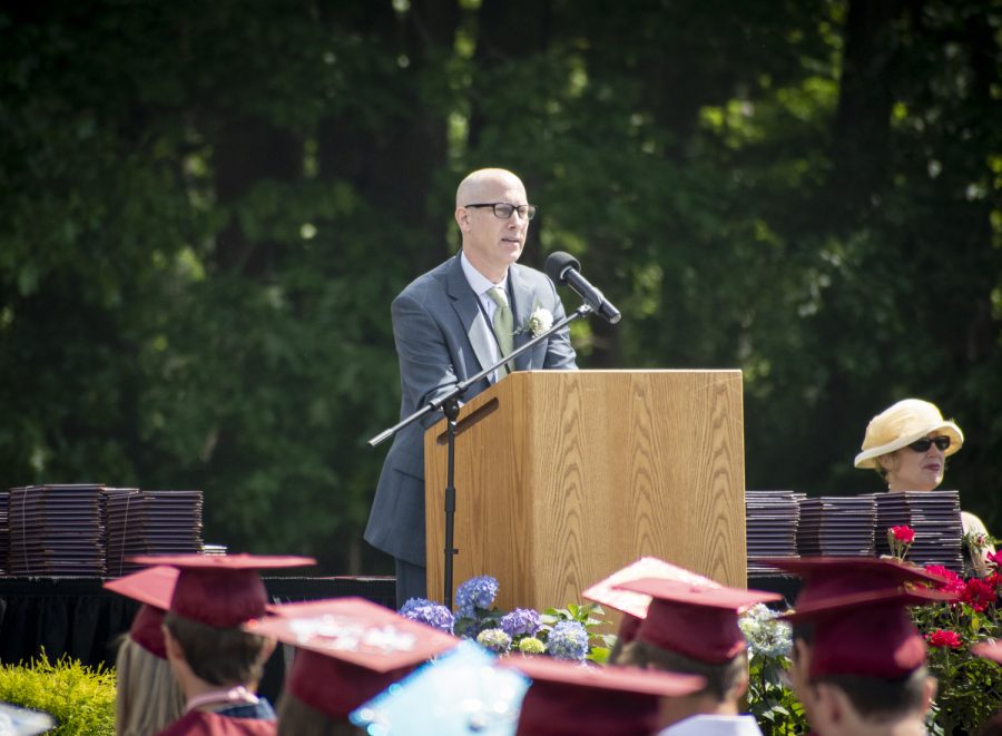 Superintendent of Schools Greg Martineau gives a speech at graduation on June 5, 2022.