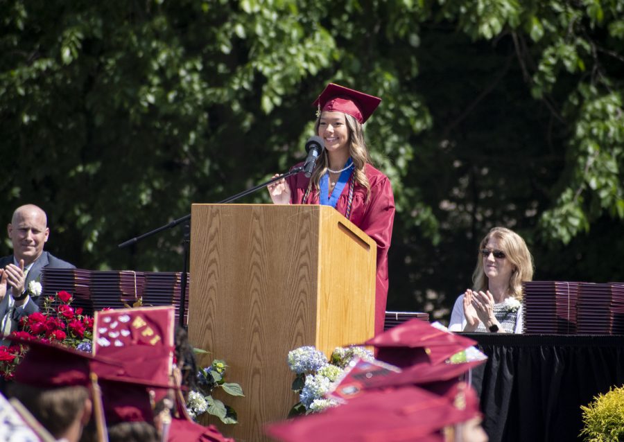 Senior Class President Lindsay Stone gives a speech at graduation on June 5, 2022.